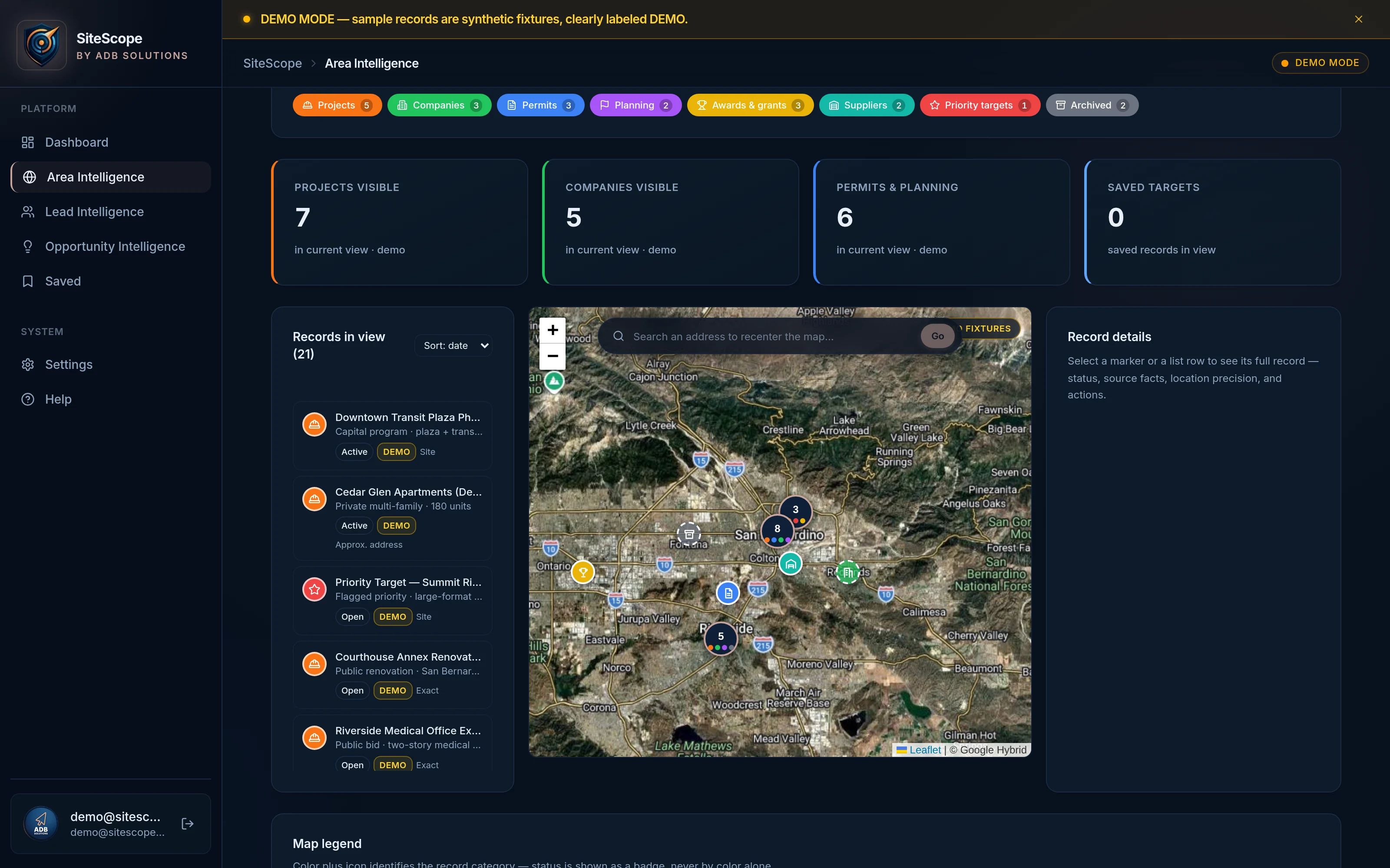 SiteScope Area Intelligence map showing DEMO public construction records, filters and location-precision markers.
