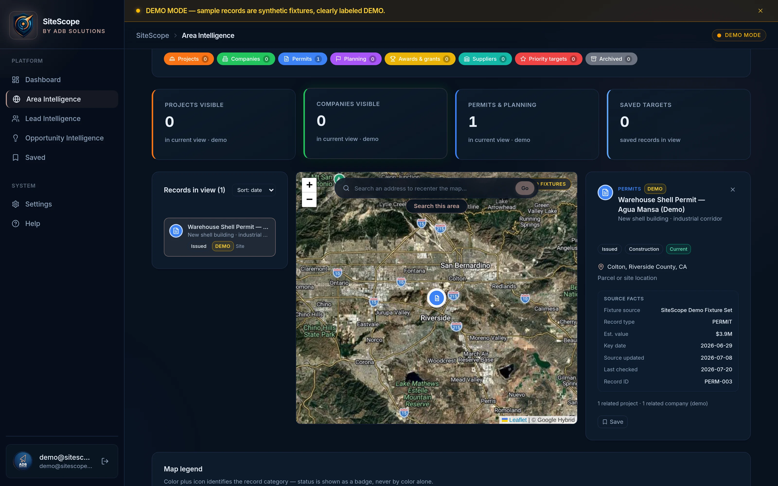 SiteScope Area Intelligence record details showing record category, status, key date, reported area, location precision and source information.