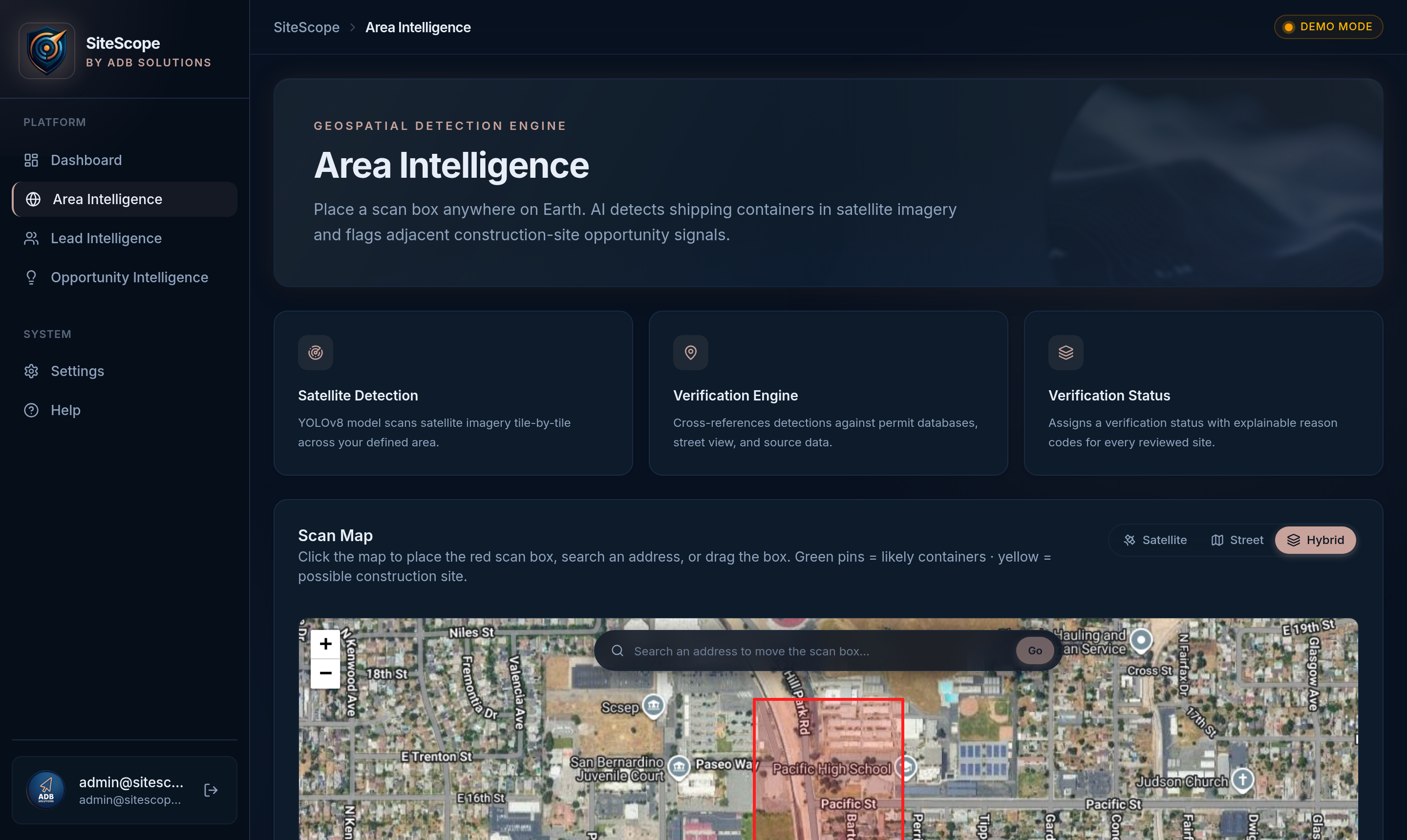 SiteScope Area Intelligence — interactive satellite map with scan bounding box and detection markers