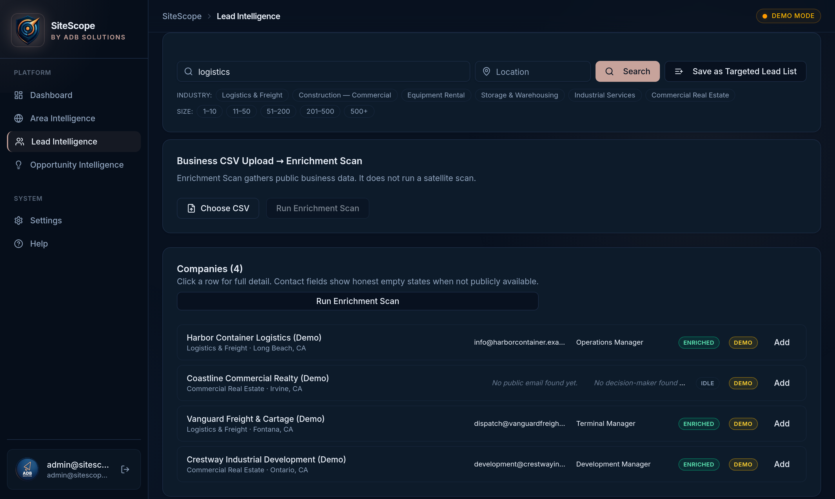 SiteScope Lead Intelligence — company and contact research with public business data enrichment