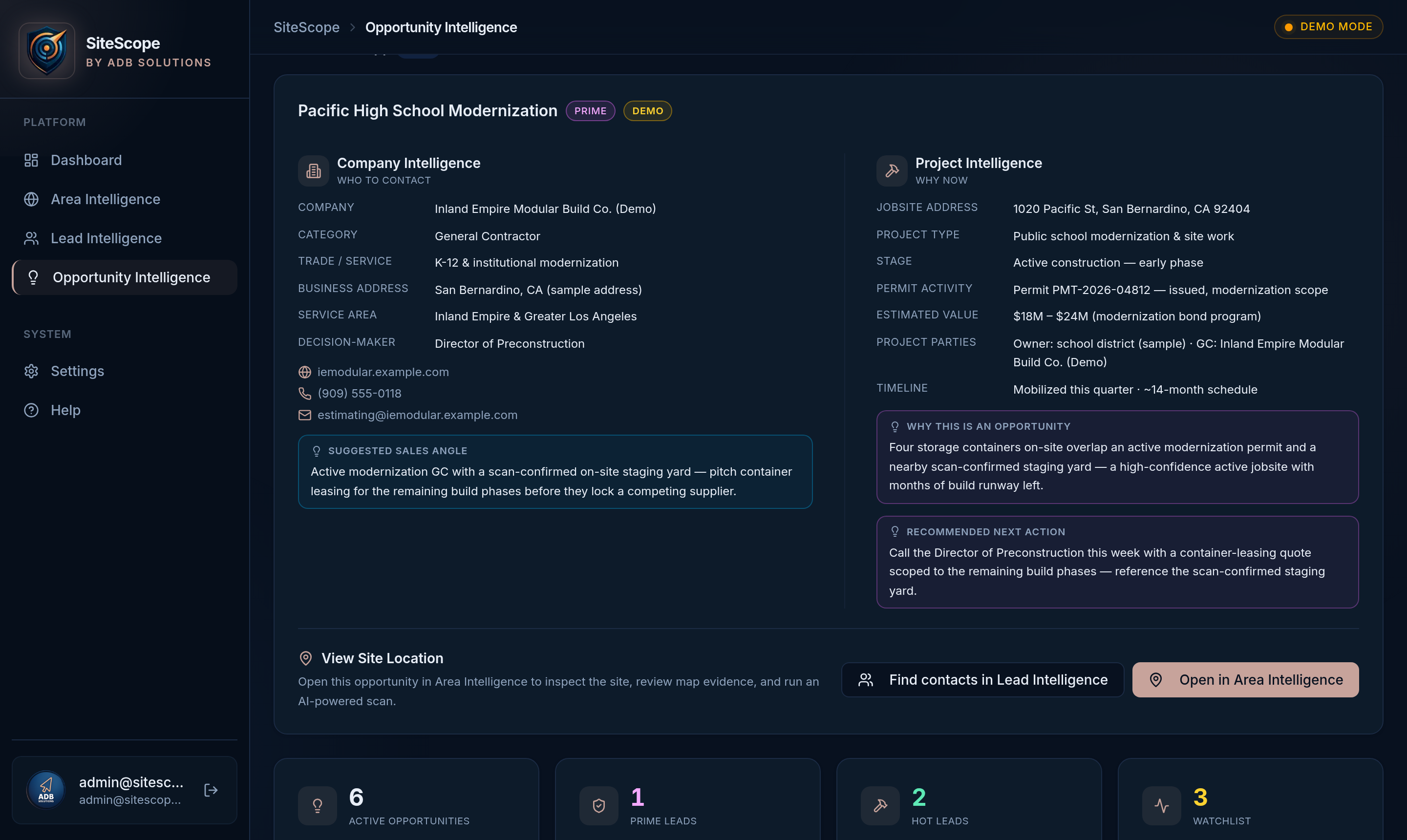 SiteScope Opportunity Intelligence — company and project intelligence for each active site