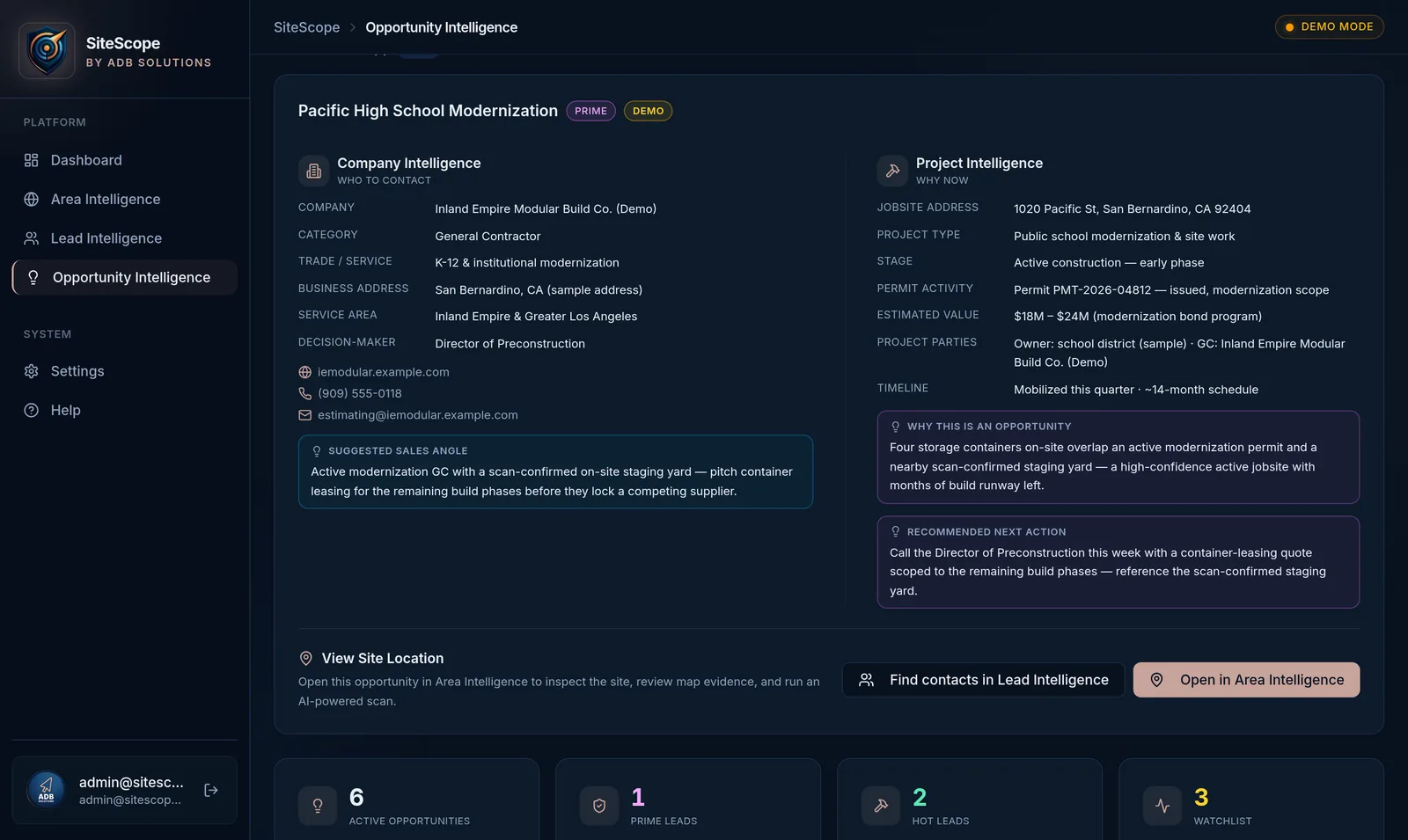 SiteScope Opportunity Intelligence screen in Demo Mode listing sample public opportunity records with agencies, statuses, and deadline filters